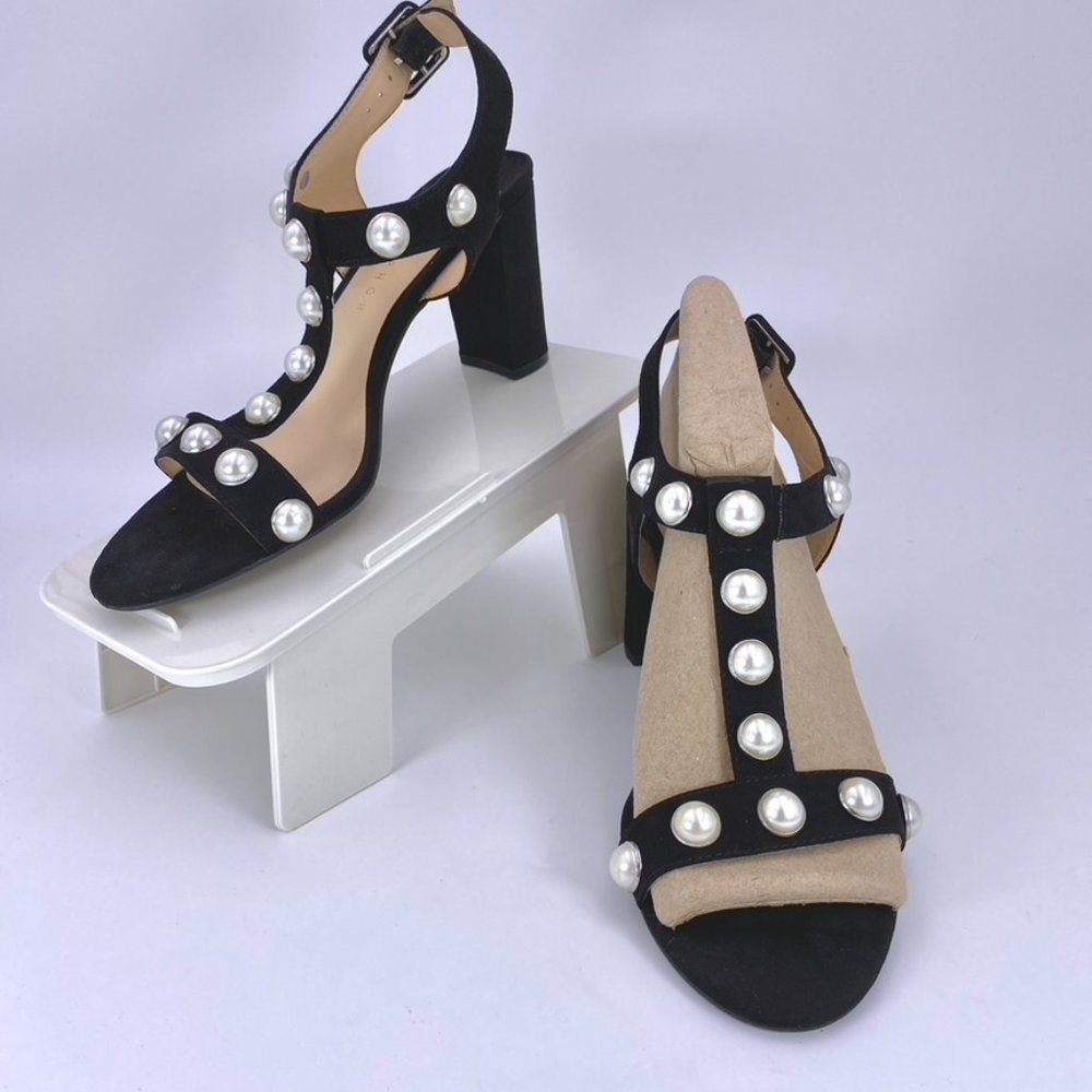 Metaphor 8.5M Black Peony 42620 Faux Suede Pearl Embellished 3.5 Inch Heels
